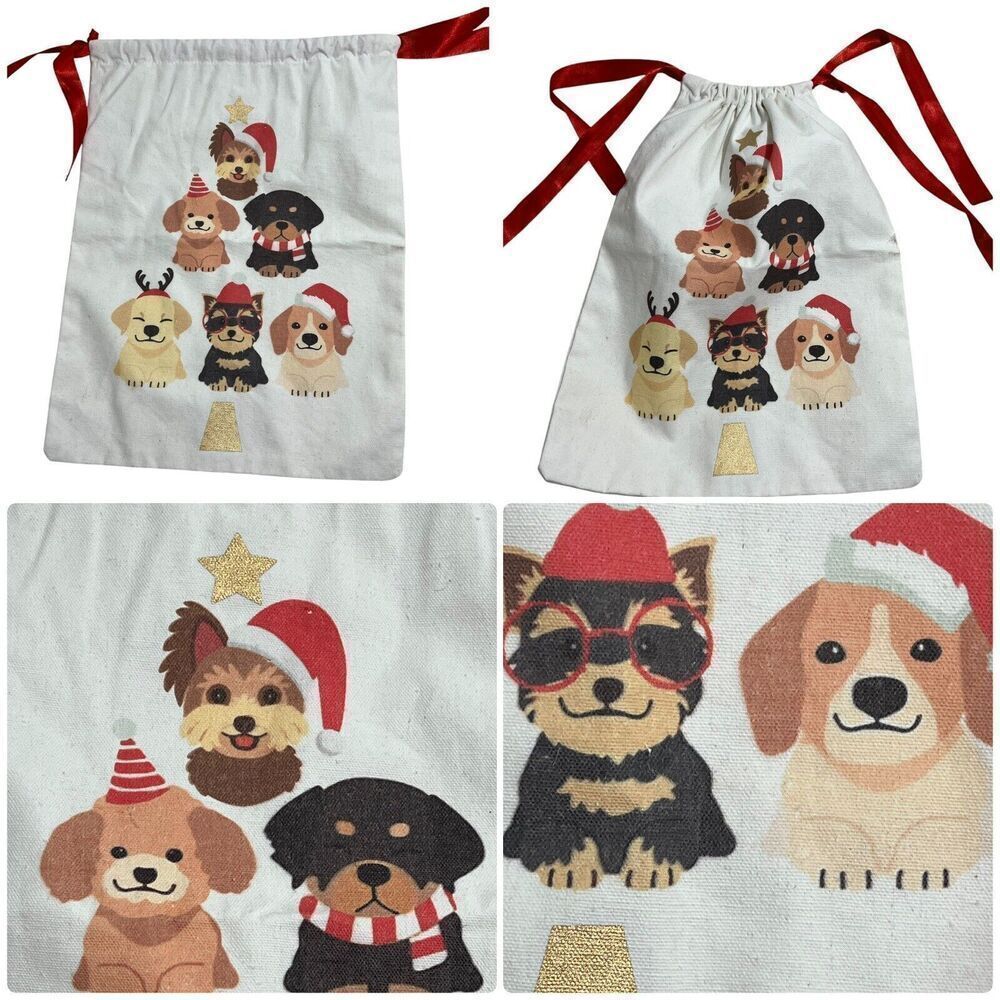 Woven Drawstring‎ Holiday Puppy Dogs Christmas Gift Bag 12" x 14"